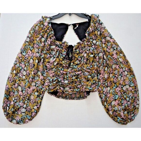 Free People OB1085105 Women's Sz XS Black Combo Floral Mabel Printed Blouse - Picture 4 of 6